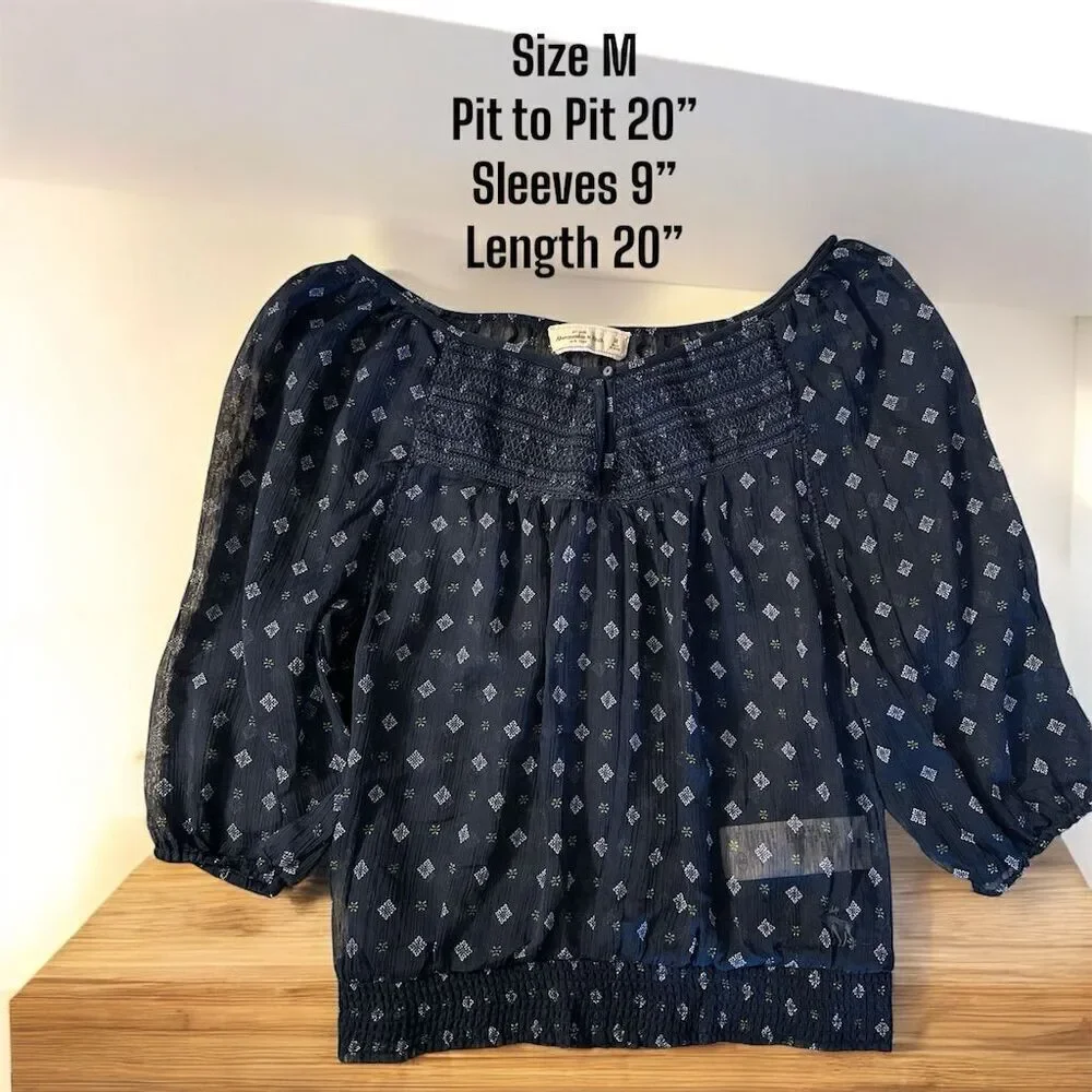 Abercrombie & Fitch Navy Sheer Smocked Peasant Top